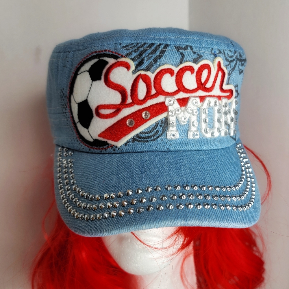 ``H25224 NWT Professional Style Rhinestone Soccer MOM Cadet Cap - Light Denim